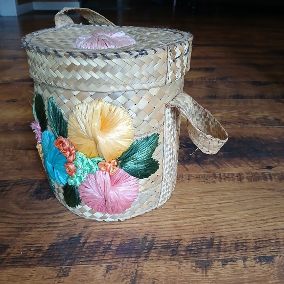Vintage 1950s Woven Straw Raffia Floral Bucket Bag‎ Purse Beach Picnic Tote MCM - Picture 2 of 14